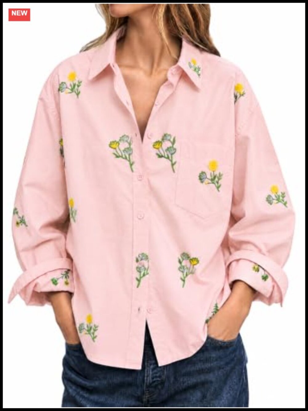 100% Cotton Boho Floral Embroidered Button Down Blouse Long Sleeve